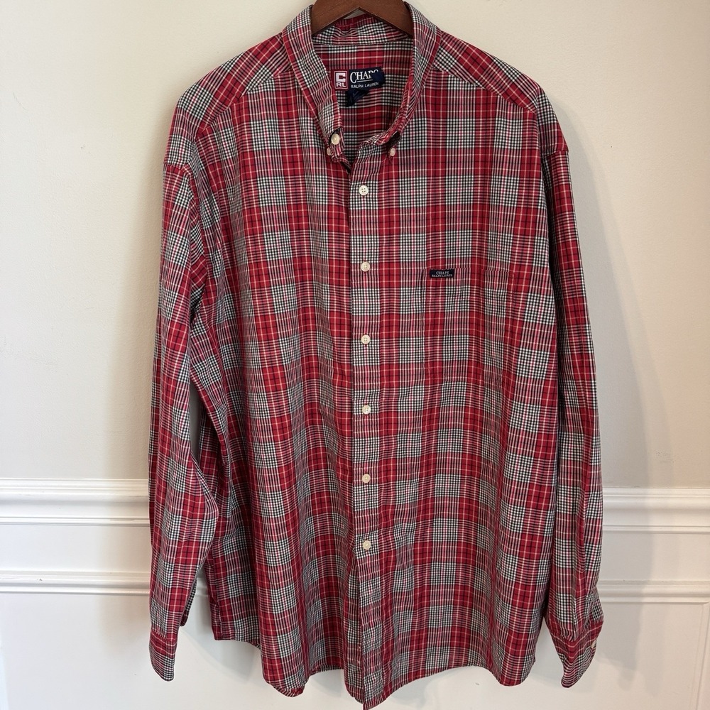 Men's Chaps Ralph Lauren Long Sleeve Red/Navy button down casual dress shirt 2XL